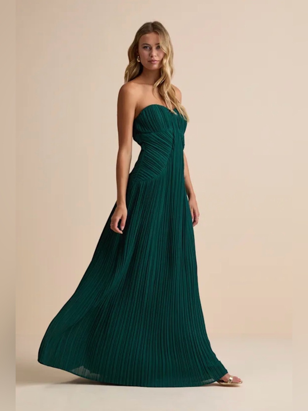 NWT Lulu's Emerald Green Strapless Pleated Maxi Dress size Small